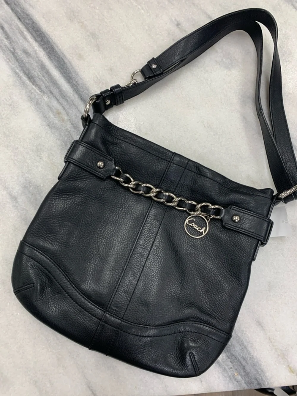 Coach Black Pebbled Leather Shoulder Bag with Chain Charm - Picture 1 of 8